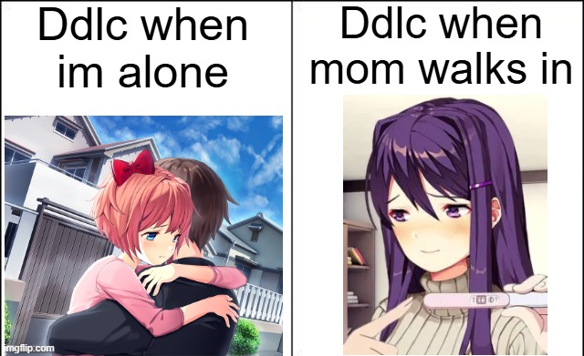 Side-by-side panels | Ddlc when im alone; Ddlc when mom walks in | image tagged in side-by-side panels | made w/ Imgflip meme maker