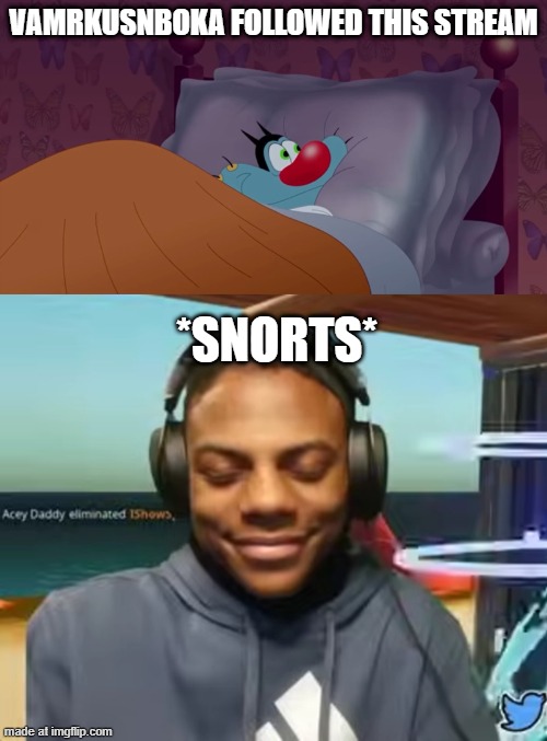 VAMRKUSNBOKA FOLLOWED THIS STREAM; *snorts* | image tagged in observing ahh oggy,please speed i need this | made w/ Imgflip meme maker