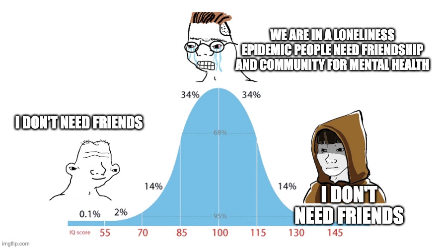 You don't need friends. | We are in a loneliness epidemic people need friendship and community for mental health; I don't need friends; I don't need friends | image tagged in midwit memes | made w/ Imgflip meme maker