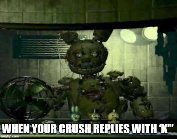 K springtrap | When your crush replies with ‘k’” | image tagged in fnaf springtrap in window | made w/ Imgflip meme maker