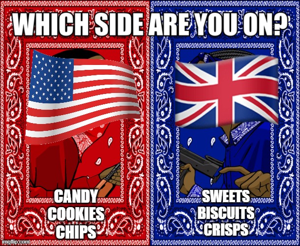 yes | candy
cookies
chips; sweets
biscuits
crisps | image tagged in which side are you on,america,britain | made w/ Imgflip meme maker