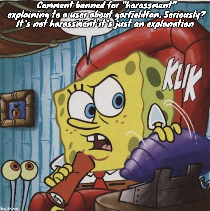 Bitch. | Comment banned for "harassment" explaining to a user about garfieldfan. Seriously? It's not harassment it's just an explanation | image tagged in bitch | made w/ Imgflip meme maker