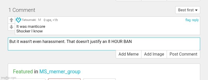 IT WAS ONLY ONE COMMENT!? THAT ISNT HARASSMENT. I DIDNT BREAK THE TERMS OF SERVICE, ITS BLATANT MOD ABUSE. | made w/ Imgflip meme maker