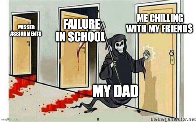 Grim Reaper Knocking Door | Me chilling with my friends; Failure in school; Missed assignments; My dad | image tagged in grim reaper knocking door | made w/ Imgflip meme maker