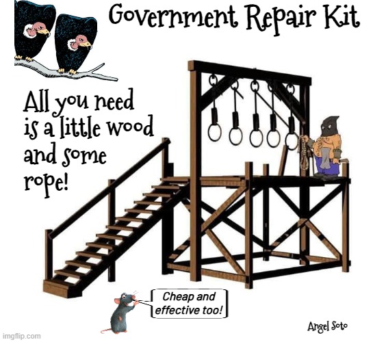 Government repair kit | Government Repair Kit; All you need   
is a little wood
and some
rope! Cheap and
effective too! Angel Soto | image tagged in government repair kit for traitors and criminals,remix,traitors,assassins,corrupt politicians,criminals | made w/ Imgflip meme maker
