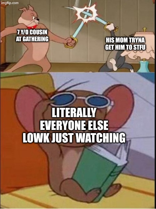 7 y/os bro I swear | 7 y/o cousin at gathering; his mom tryna get him to stfu; literally everyone else lowk just watching | image tagged in tom and spike fighting | made w/ Imgflip meme maker
