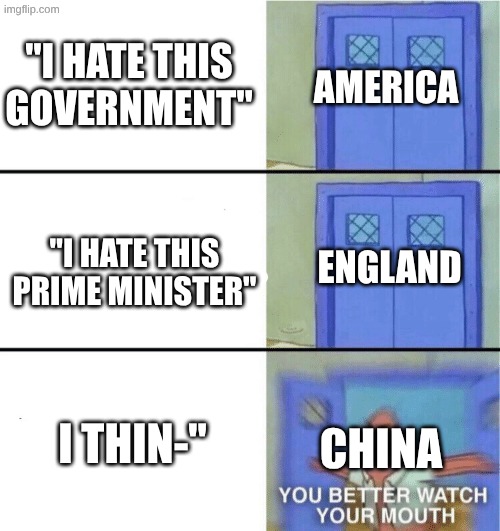 lol | "I hate this government"; america; "I hate this prime minister"; england; I thin-"; china | image tagged in you better watch your mouth,america,china,england,politics | made w/ Imgflip meme maker