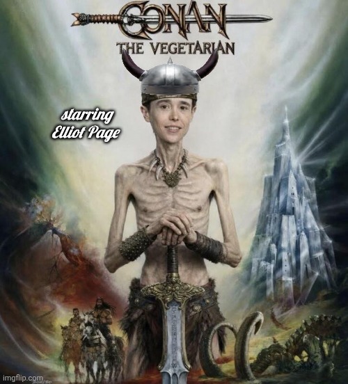 Conan the Vegetarian | starring Elliot Page | image tagged in elliot page as conan,mr bean smirk | made w/ Imgflip meme maker