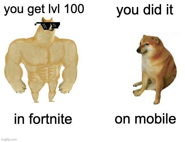 fortnite lvls | you get lvl 100; you did it; on mobile; in fortnite | image tagged in memes,buff doge vs cheems,fortnite | made w/ Imgflip meme maker