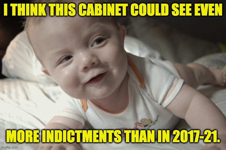 Delayed gratification. | i think this cabinet could see even; more indictments than in 2017-21. | image tagged in memes,perceptive baby | made w/ Imgflip meme maker