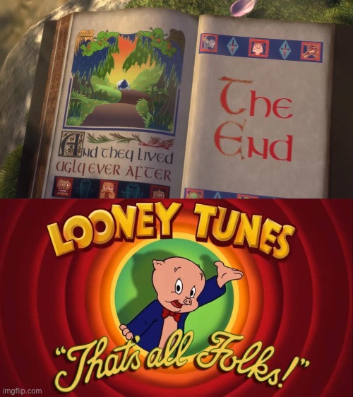 Porky Pig Says That’s All Folks To Shrek (2001) | image tagged in shrek,looney tunes,porky pig,crossover,deviantart,memes | made w/ Imgflip meme maker