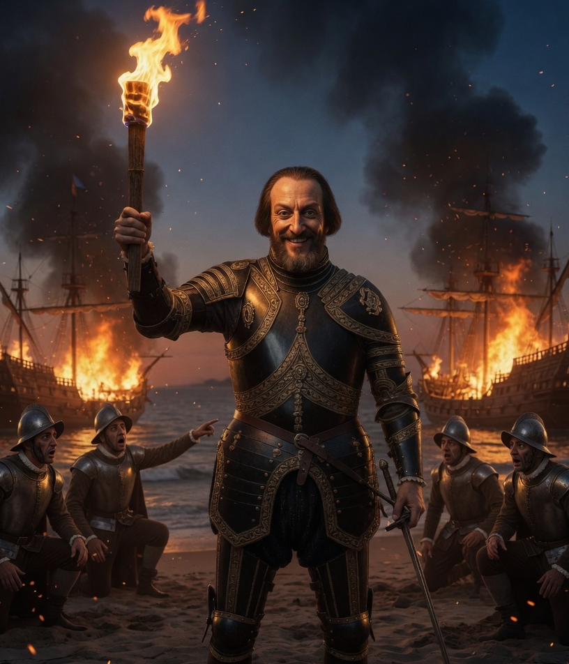 Cortez burning his ships Blank Meme Template