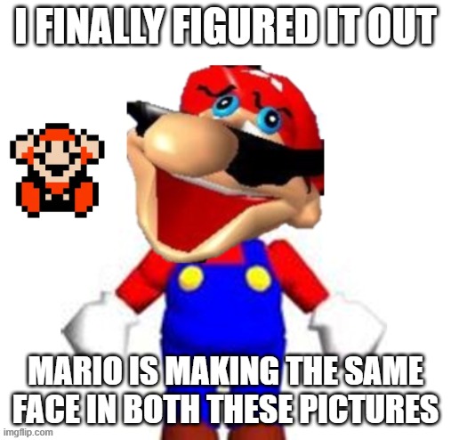 Light Bulb Moment (took me 8 years to figure this out) | i finally figured it out; mario is making the same face in both these pictures | image tagged in smg4 silly mario | made w/ Imgflip meme maker