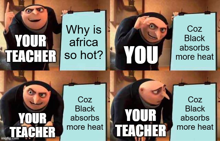 Why is africa so hot? Coz Black absorbs more heat Coz Black absorbs more heat Coz Black absorbs more heat Your teacher You Your teacher Your | image tagged in memes,gru's plan | made w/ Imgflip meme maker