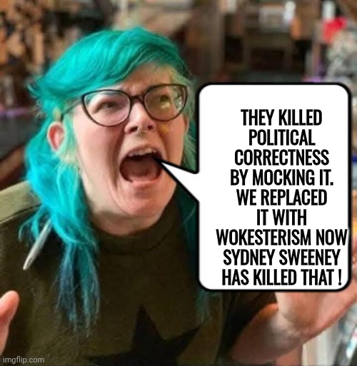 The death of Wokesterism | They killed Political Correctness by mocking it. We replaced it with Wokesterism now Sydney Sweeney has killed that ! | image tagged in wokester crying,political correctness | made w/ Imgflip meme maker