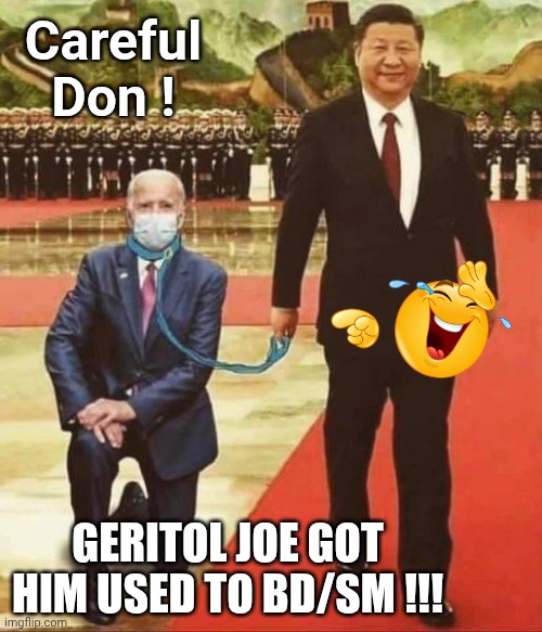 Careful Don ! Geritol Joe got him used to BD/SM !!! | image tagged in biden is china's dog | made w/ Imgflip meme maker