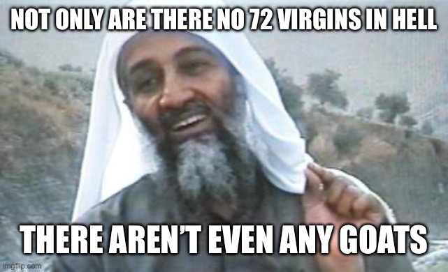 Osama Bin Laden ASPEC | Not only are there no 72 virgins in hell There aren’t even any goats | image tagged in osama bin laden aspec | made w/ Imgflip meme maker