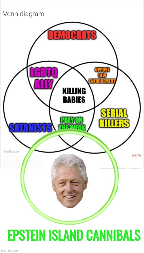 Vendetta Diagram of Demorhhoids | Epstein Island Cannibals | image tagged in venn diagram,bill clinton,epstein,island,cannibals | made w/ Imgflip meme maker