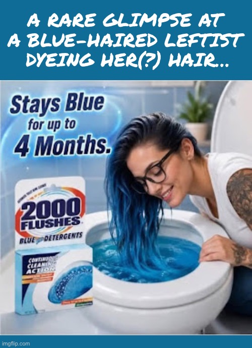 That explains the blue hair at least | A rare glimpse at 
a blue-haired leftist 
dyeing her(?) hair… | image tagged in political meme,leftist,blue,hair dye,2000 flushes,4 months | made w/ Imgflip meme maker