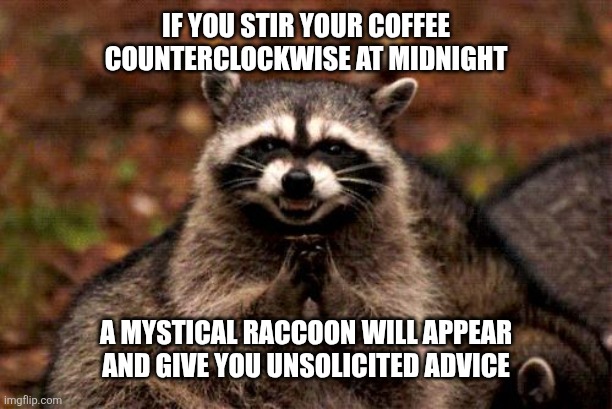 Evil Plotting Raccoon Meme | If you stir your coffee counterclockwise at midnight; A mystical raccoon will appear and give you unsolicited advice | image tagged in memes,evil plotting raccoon | made w/ Imgflip meme maker