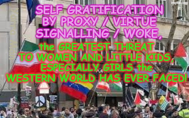 Self Gratification by Proxy, the greatest threat the women and kids, particularly girls, have EVER FACED! | SELF GRATIFICATION BY PROXY / VIRTUE SIGNALLING / WOKE, the GREATEST THREAT TO WOMEN AND LITTLE KIDS, ESPECIALLY GIRLS the WESTERN WORLD HAS EVER FACED! Yarra Man | image tagged in virtue signalling woke,ultra far left greens teals labor,democrats canadian liberals ndp,msnbc cnn cbs us abc,bbc smh guardian 9 | made w/ Imgflip meme maker