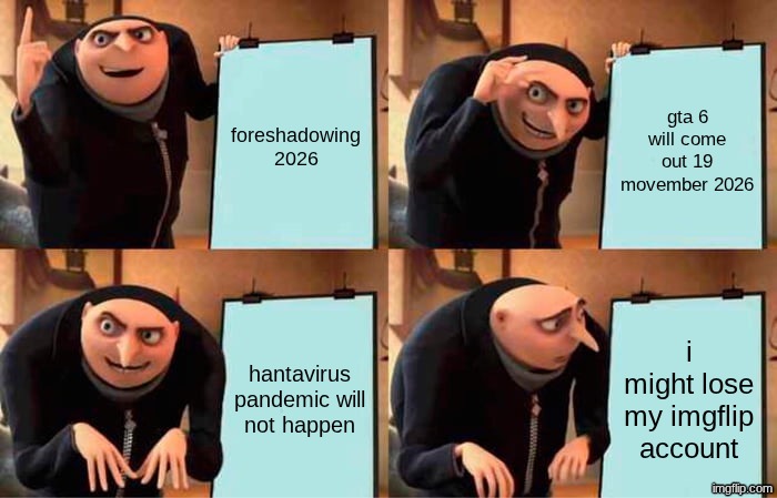 day 2 of posting a meme till 7500 pts (will i be correct) stay tuned (i just hope last one not happens | foreshadowing 2026; gta 6 will come out 19 movember 2026; hantavirus pandemic will not happen; i might lose my imgflip account | image tagged in memes,gru's plan | made w/ Imgflip meme maker