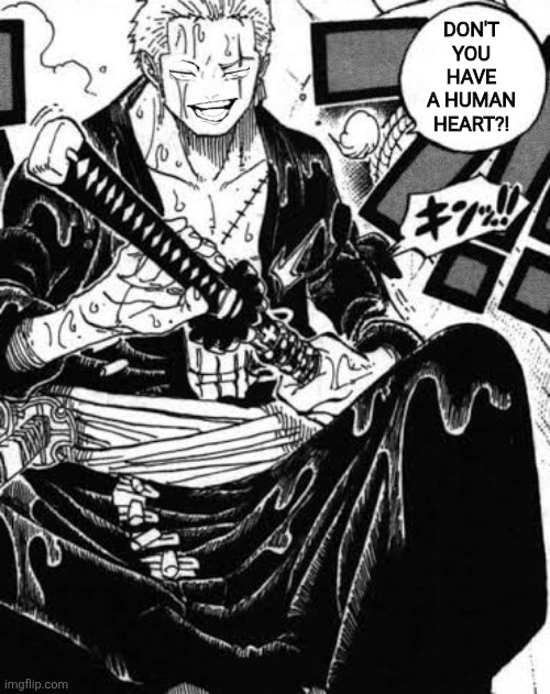 Don't you have a human heart?! | image tagged in memes,zoro,smirk | made w/ Imgflip meme maker