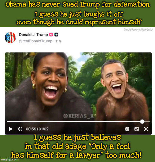 Obama refuses to be a fool | Obama has never sued Trump for defamation; I guess he just laughs it off even though he could represent himself; I guess he just believes in that old adage "Only a fool has himself for a lawyer" too much! | image tagged in obama refuses to be a fool,stop monkeying around and do it,trump is going ape on obama,maga monkey biz | made w/ Imgflip meme maker