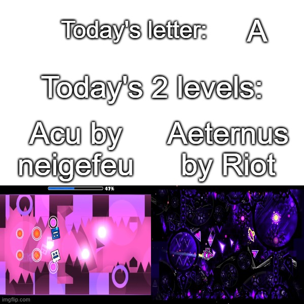 Day 1: One of the easiest VS one of the hardest Extreme Demons | A; Acu by neigefeu; Aeternus by Riot | image tagged in gd alphabet contest | made w/ Imgflip meme maker