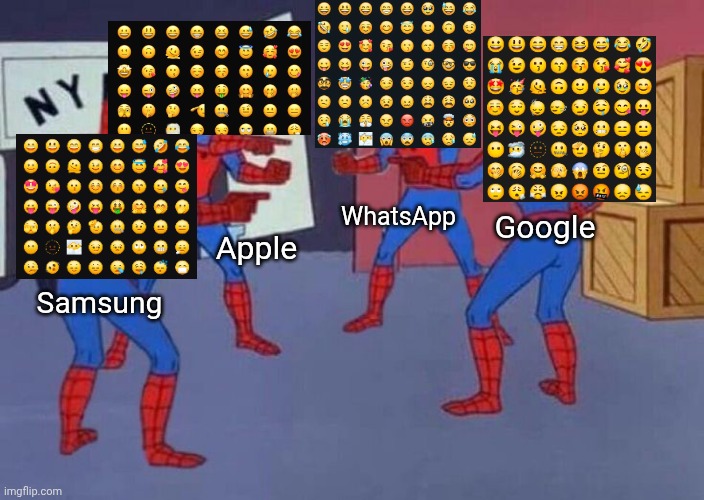 Apple's having it rough when it comes to its competitors copying their signature style. | WhatsApp; Google; Apple; Samsung | image tagged in 4 spiderman pointing at each other,spiderman,emoji,pointing,copy,memes | made w/ Imgflip meme maker
