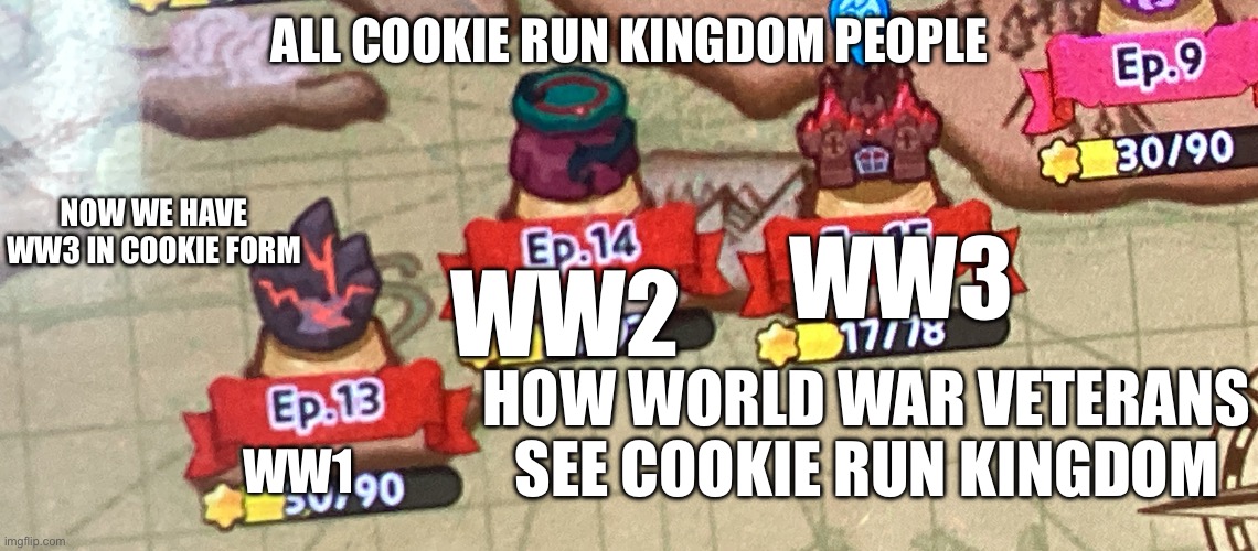 All cookie run kingdom people; Now we have ww3 in cookie form; WW3; WW2; WW1; How world war veterans see cookie run kingdom | image tagged in image jpg | made w/ Imgflip meme maker