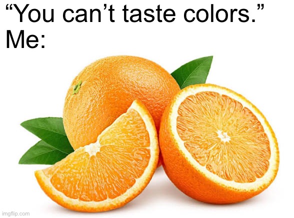 Orange is a color | “You can’t taste colors.”
Me: | image tagged in orange,you can't hear pictures | made w/ Imgflip meme maker