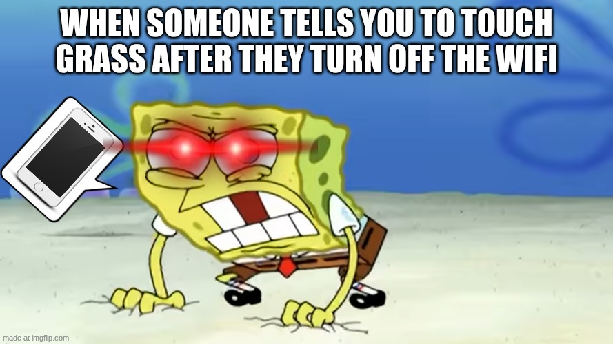 WIFI  meme 2 | when someone tells you to touch grass after they turn off the wifi | image tagged in enraged spongebob | made w/ Imgflip meme maker