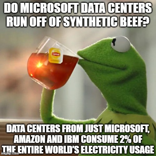 But That's None Of My Business Meme | do microsoft data centers run off of synthetic beef? data centers from just Microsoft, Amazon and IBM consume 2% of the entire world's elect | image tagged in memes,but that's none of my business,kermit the frog | made w/ Imgflip meme maker