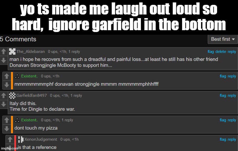 actually a funny comment | yo ts made me laugh out loud so hard,  ignore garfield in the bottom | image tagged in comment | made w/ Imgflip meme maker