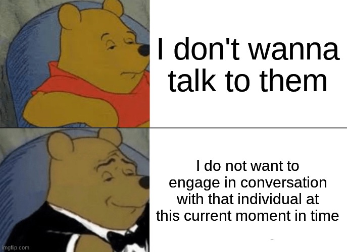 Proper engrish | I don't wanna talk to them; I do not want to engage in conversation with that individual at this current moment in time | image tagged in memes,tuxedo winnie the pooh | made w/ Imgflip meme maker