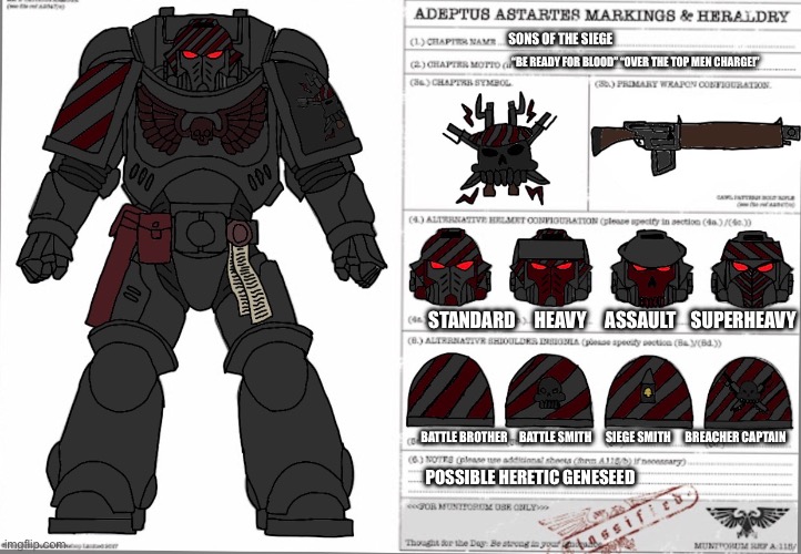 What do you think abt my custom space marine chapter? | Sons of the siege; “Be ready for blood” “over the top men charge!”; Standard     Heavy     Assault    SuperHeavy; Battle brother     Battle smith      Siege smith      Breacher captain; Possible heretic geneseed | image tagged in warhammer40k | made w/ Imgflip meme maker