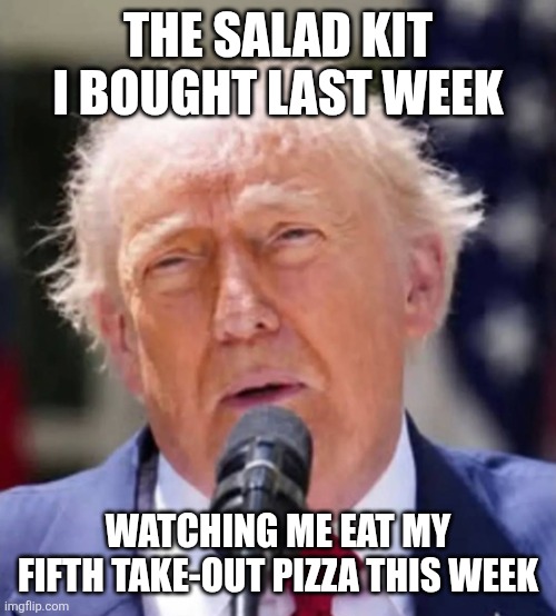 Take out djt | The salad kit i bought last week; Watching me eat my fifth take-out pizza this week | image tagged in screenshot_20260518_092626_messenger jpg | made w/ Imgflip meme maker
