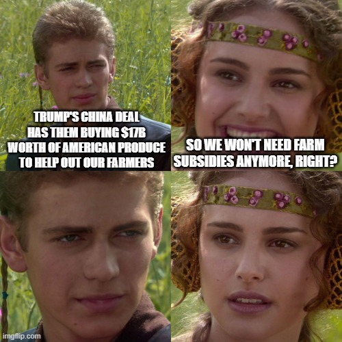Trump's China deal | Trump's china deal has them buying $17B worth of american produce to help out our farmers; So we won't need farm subsidies anymore, right? | image tagged in anakin padme 4 panel,trump,president,china,farm,news | made w/ Imgflip meme maker