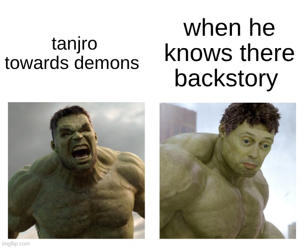 pov you have no idea what to put hear | when he knows there backstory; tanjro towards demons | image tagged in hulk angry then realizes he's wrong,demon slayer | made w/ Imgflip meme maker