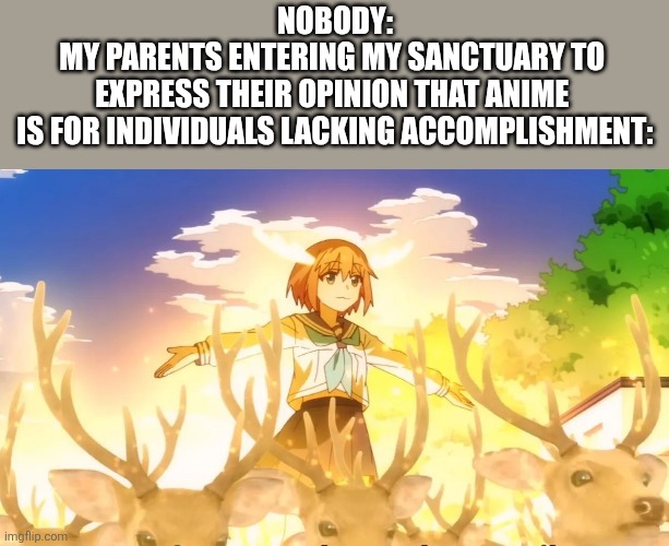 Nokotan | Nobody:
My parents entering my sanctuary to 
express their opinion that anime 
is for individuals lacking accomplishment: | image tagged in my-deer-friend-nokotan-trailer-wit-studio webp,nokotan,anime meme | made w/ Imgflip meme maker