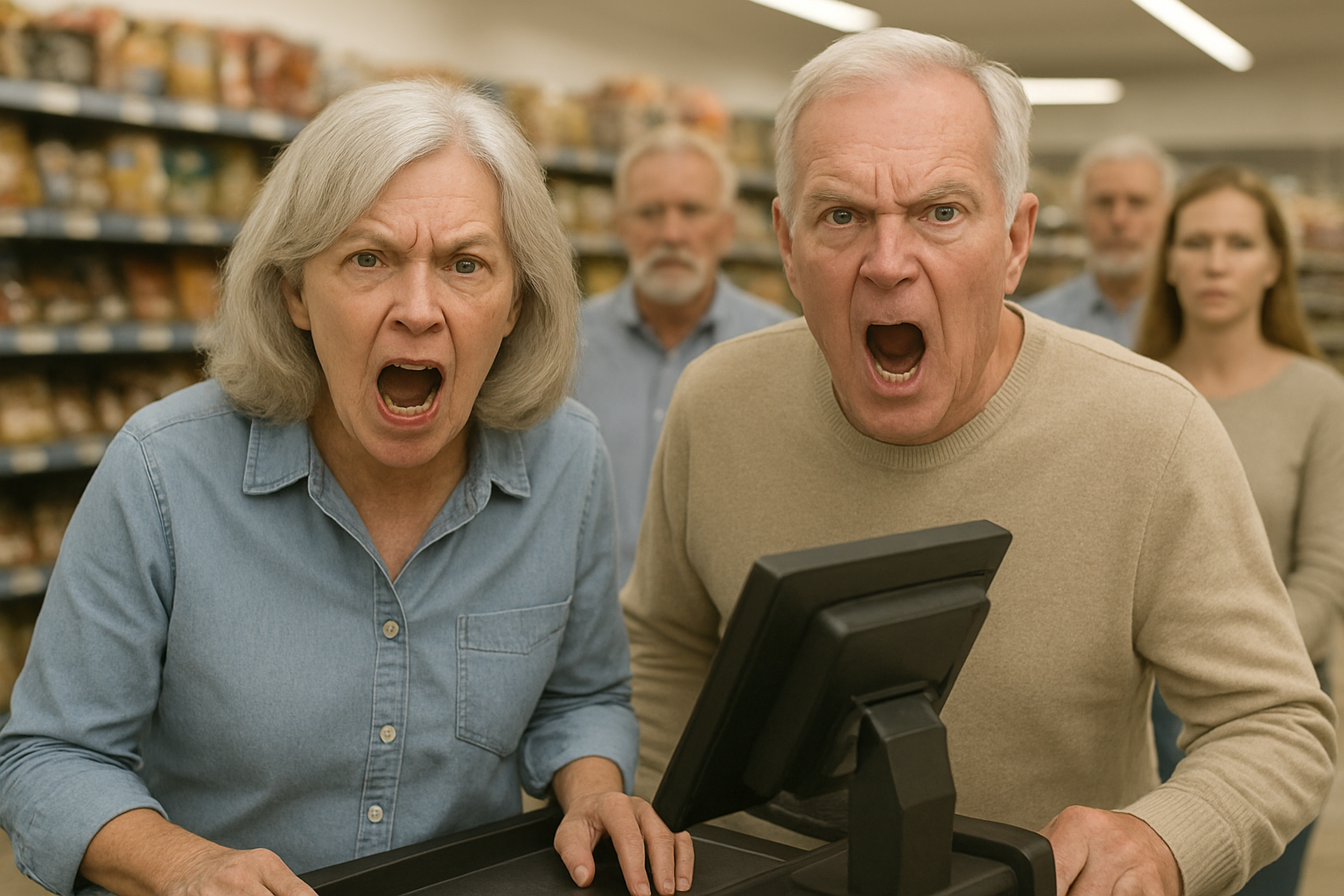 Couple in a supermarket angry at the Trump economy Blank Meme Template