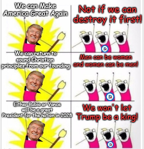 Rational vs Irrational | Not if we can destroy it first! We can Make America Great Again; We can return to sound Christian  principles from our founding; Men can be women and women can be men! Either Rubio or Vance will be a great President for the nation in 2028; We won't let Trump be a king! | image tagged in who are we better textboxes | made w/ Imgflip meme maker