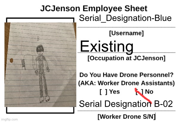 JCJenson Employee Sheet | Serial_Designation-Blue; Existing; Serial Designation B-02 | image tagged in jcjenson employee sheet | made w/ Imgflip meme maker
