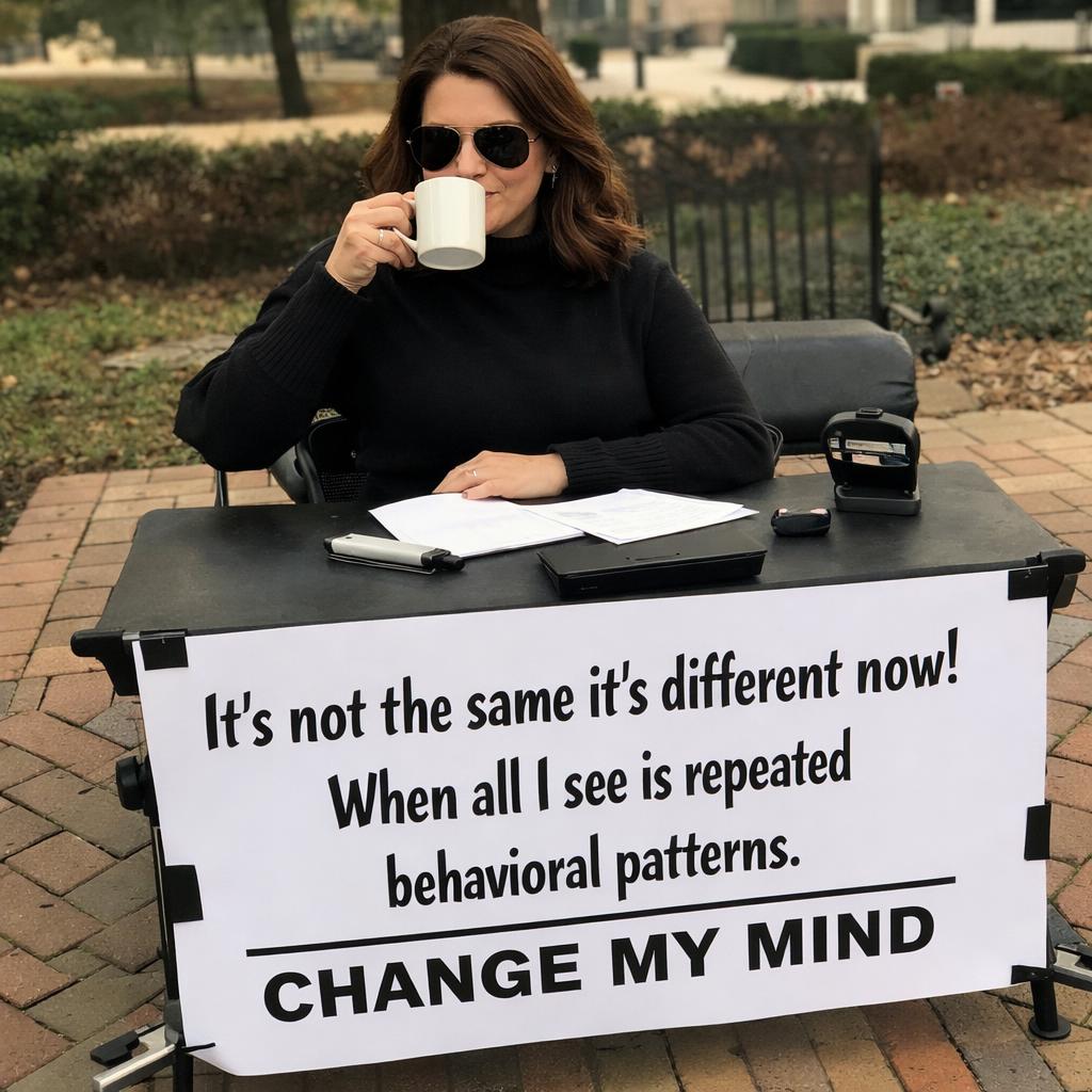 Woman sitting at a desk sipping tea with sunglasses on and with Blank Meme Template