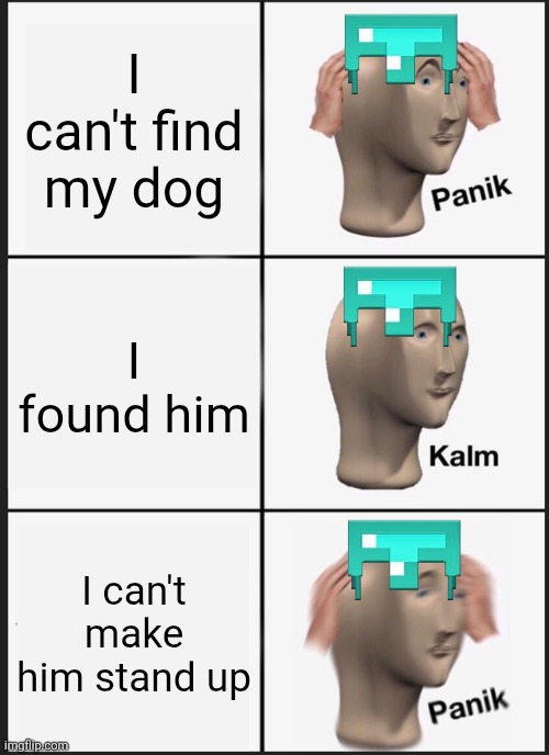 Panik Kalm Panik Meme | I can't find my dog; I found him; I can't make him stand up | image tagged in memes,panik kalm panik | made w/ Imgflip meme maker