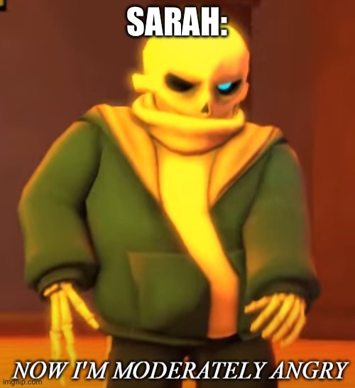 Now Im moderately angry | Sarah: | image tagged in now im moderately angry | made w/ Imgflip meme maker