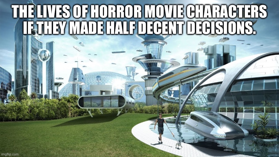 They are very stupid | The lives of horror movie characters if they made half decent decisions. | image tagged in horror movie charaters,decisions | made w/ Imgflip meme maker