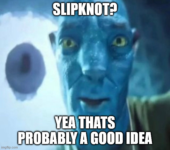 Slipknot? | slipknot? yea thats probably a good idea | image tagged in blue avatar meme | made w/ Imgflip meme maker