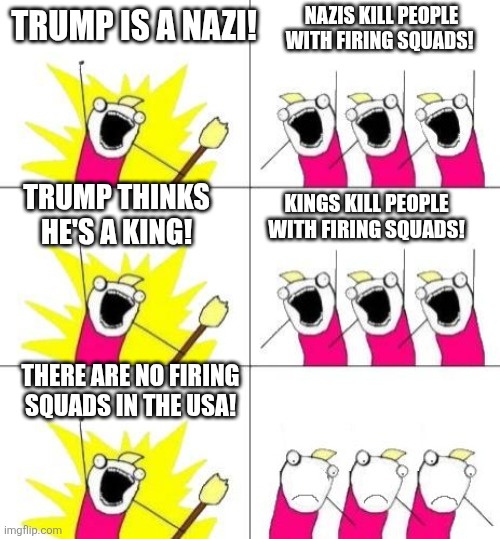 What do we want bummed out | Nazis kill people with firing squads! Trump is a Nazi! Trump thinks he's a king! Kings kill people with firing squads! There are no firing squads in the USA! | image tagged in what do we want bummed out | made w/ Imgflip meme maker